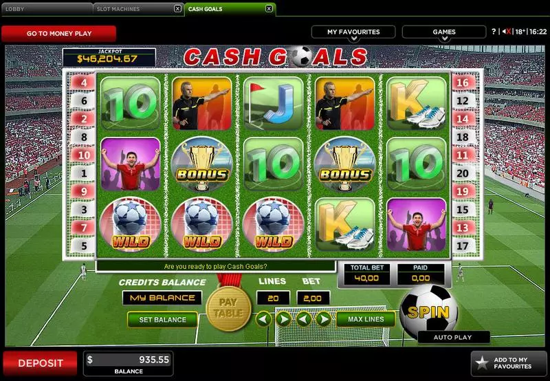 Cash Goals 888 Slot Main Screen Reels